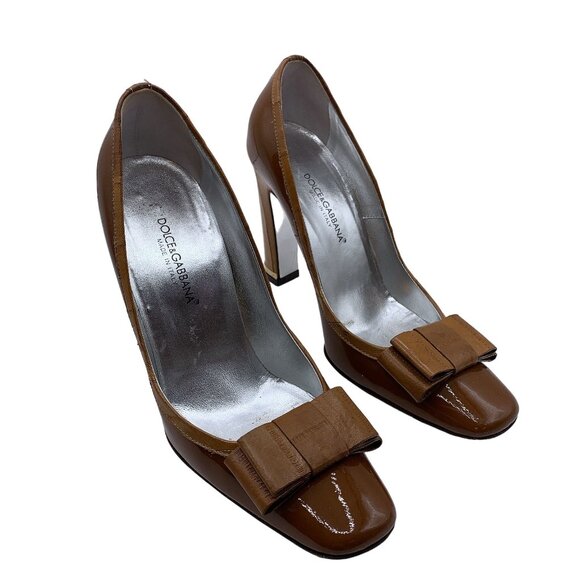 Dolce & Gabbana Brown Patent Leather Bow High Heel Pumps Size 37/6.5 - Picture 3 of 6